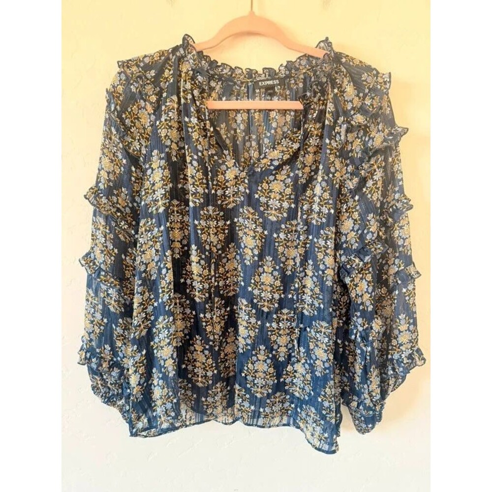 Express Navy Blue Floral Ruffle Detail Blouse Size L